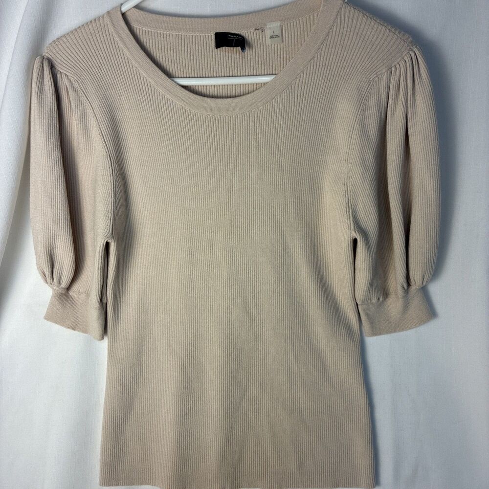 NWT Tahari Black Ribbed Knit Top Elbow Sleeve Women’s L